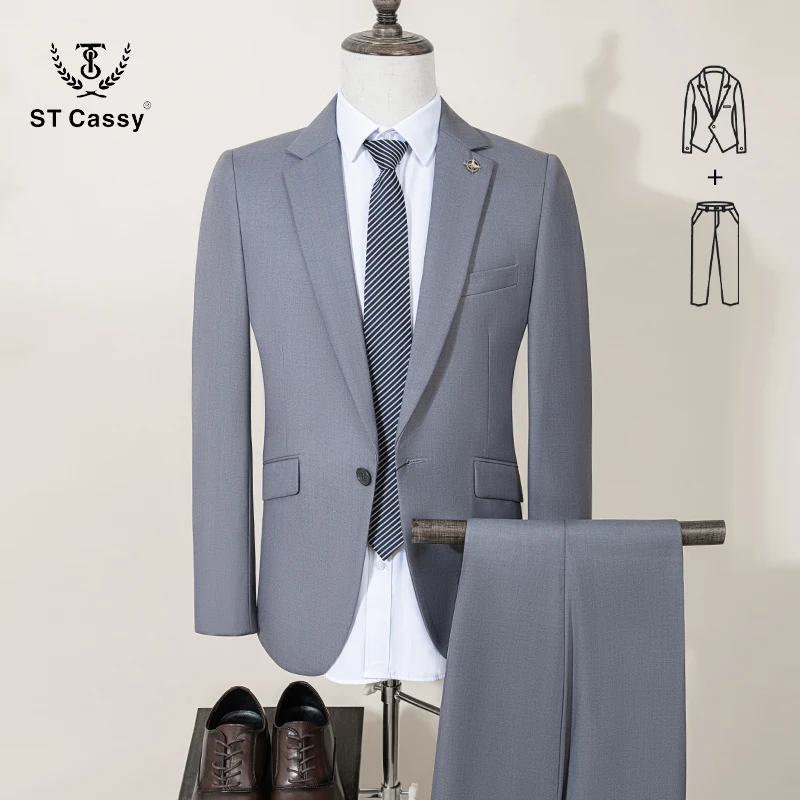 

ST Cassy light gray Men's Suit Slim Fit Solid Color Suit Formal Business Office Single Breasted Coat Pants 2 Pieces Set