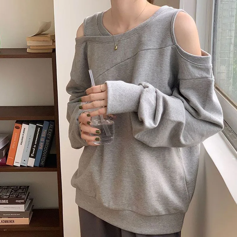 New Spring and Autumn Fashion Trend Off Shoulder Hanging Neck Solid Color Versatile Loose Size Casual Style Women\'s Sweater