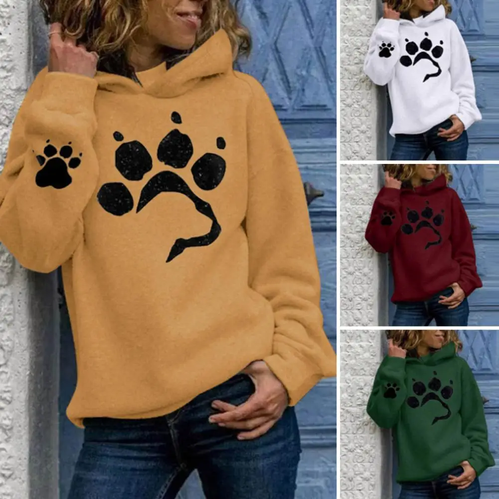 

Oversized Hoodie Women Autumn Long Sleeve Hooded Sweatshirts Cartoon Paw Print Hooded Hat Pullover Plush Soft Spring Hoodie