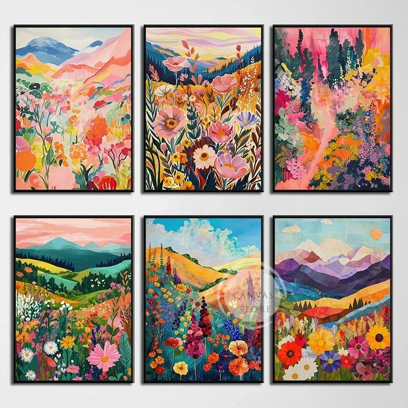 (No frame)Póster abstracto de paisaje natural, pradera de flores de montaña coloridas, lienzo impreso, cuadro artístico de pa