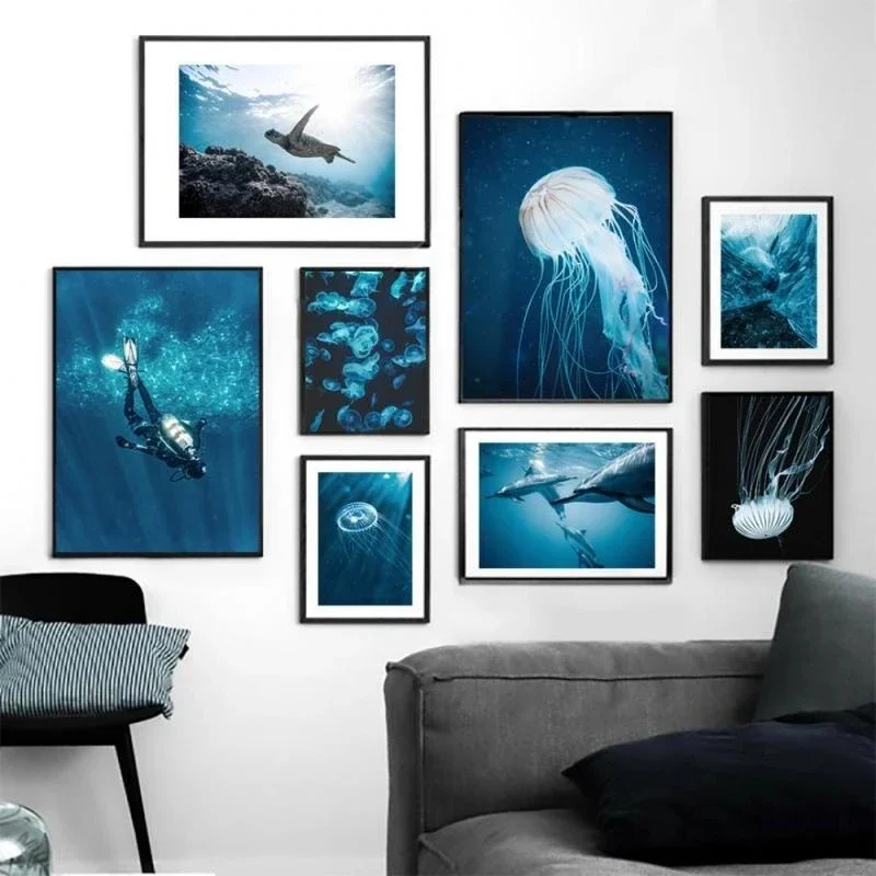 Underwater Seascape Series Dolphin Jellyfish Turtle Nordic Canvas Painting Poster Aesthetic Wall Picture Bedroom Home Decoration