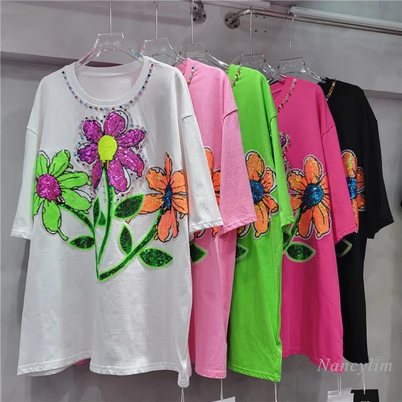 European Heavy Industry Rhinestone Sequined Flower Pink T-Shirt Women's Summer Casual Loose Long Top Oversized Tshirt 2024