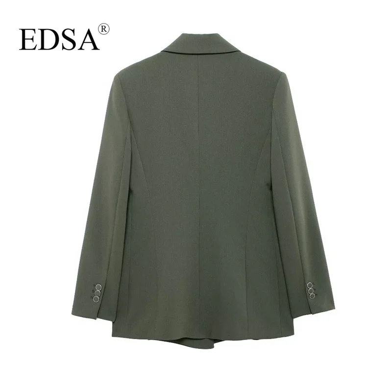 EDSA Women Fashion Double Breasted Blazer Jacket with Flap Pockets for Office Lady Long Sleeves Solid Color Coat Outerwear