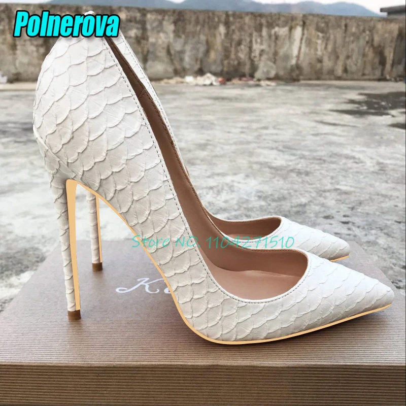 White Snake Patterned High Heels for Women Spring Summer New Sexy Shallow Pointed Toe 12CM Thin Heel Pumps Wedding Dress Shoes