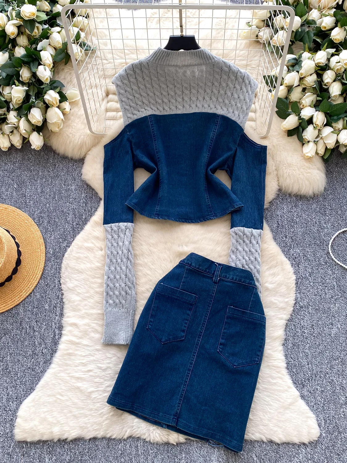 Faionable Knitted Denim Patchwork Belted Two-Piece Set Women's New Autumn High Waist Straight Leg Pants And Top Ensemble