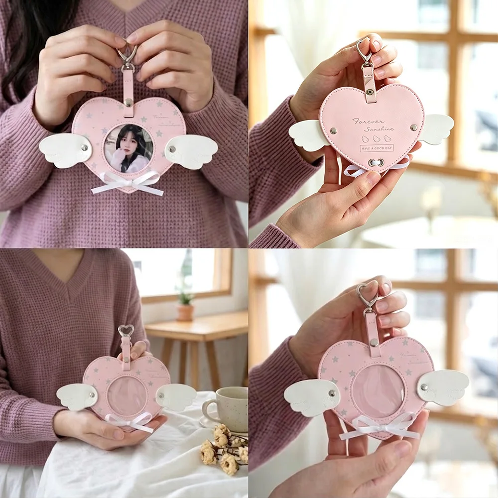 Cute Heart Shaped Photo Keychain Custom Picture Holder Angel Wings Design Bag Pendant Charm Gift for Women Girls Birthday