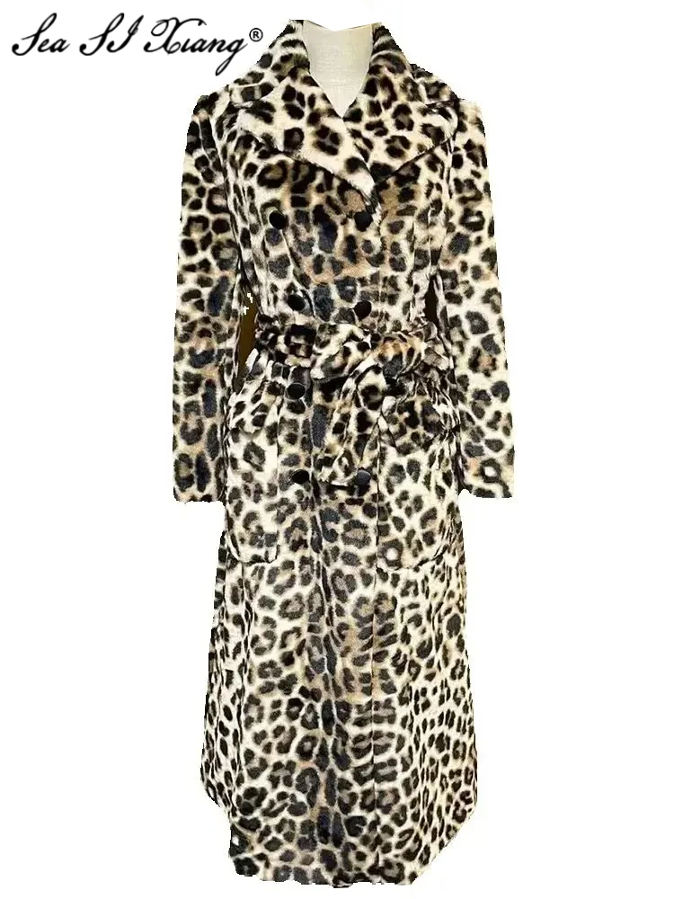 

Seasixiang Double Breasted Leopard Coat For Women Turn-down Collar Long Sleeves Lace-up High Street Outerwear Female New