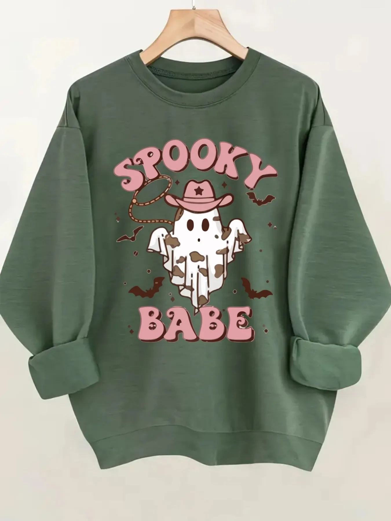 Women's Crewneck Pullover Sweatshirt Spooky Ghost Babe Design, Soft Casual Long Sleeve, Daily Casual Top Outfit, Winter Women's Clothing, Halloween Costume Outfit