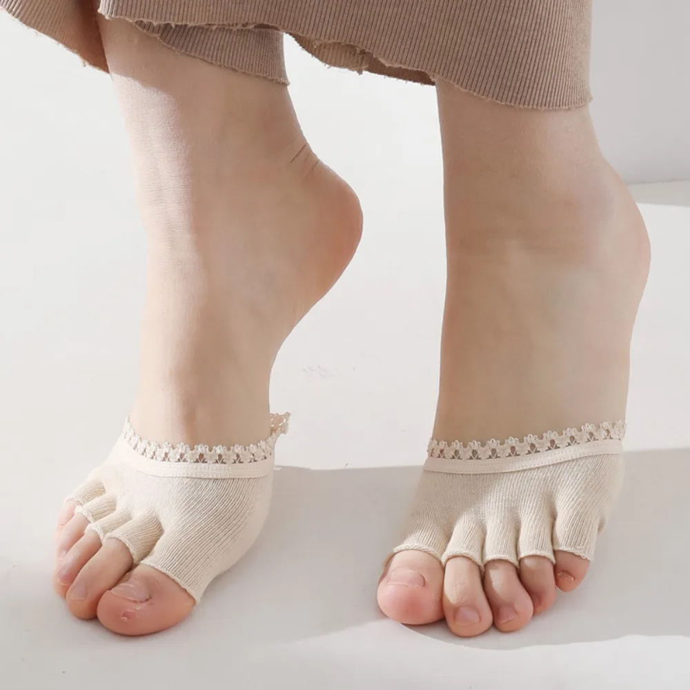 Wear-resistant Five Toes Forefoot Pad Anti-Slip Half Foot Socks Open Five Toes Socks For High Heels Soft Cotton