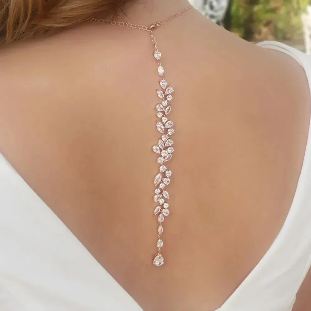 Stonefans Leaf Zircon Bridal Back Chain Necklace Jewelry for Women Festival Wedding Beach Rhinestone Body Chain Party Gift