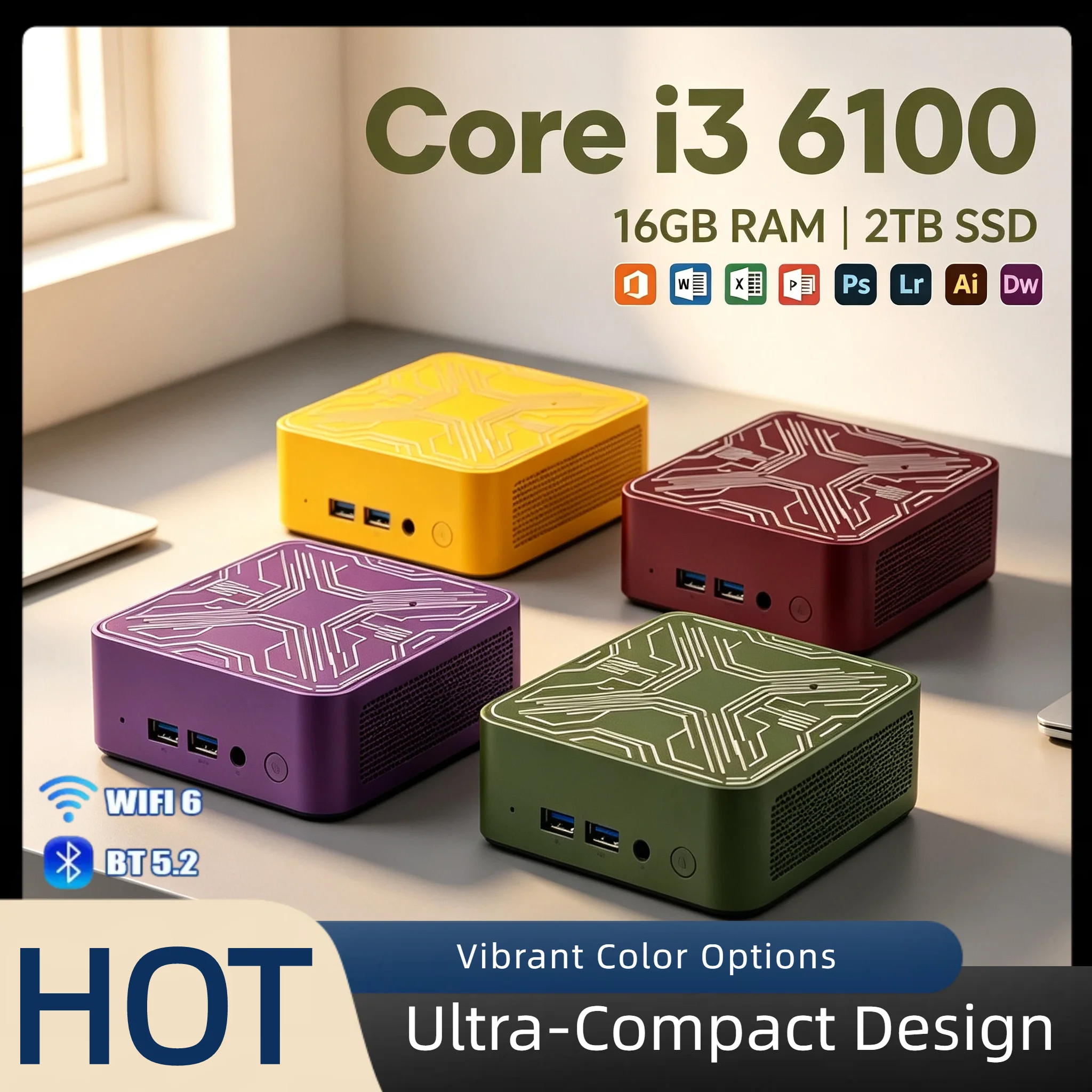 Intel Core i3 6100 Mini PC 16GB RAM 2TB M.2 NVMe SSD Triple 4K Display WiFi6 BT5.2 High Performance Home Office Pro