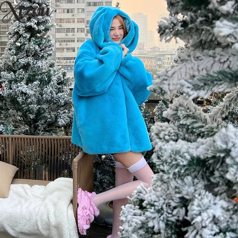 Rabbit Ear Plush Thick Jackets Cute Hooded Mid-Length Jacket Women's Faux Fur Coat  Winter Clothes Women 2025 Fashion Coats