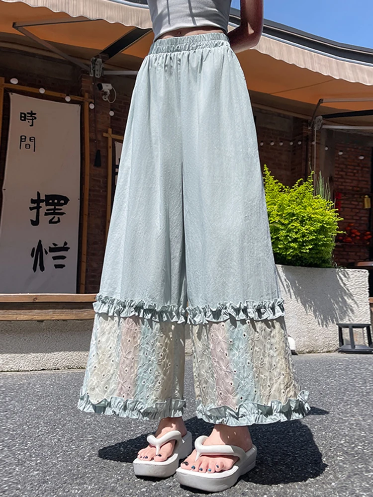 Design Sense Hook Flower Ricamo Fungus Edge Pantaloni larghi a gamba larga 2025 Pantaloni a vita alta a gamba dritta nuovi estivi da donna