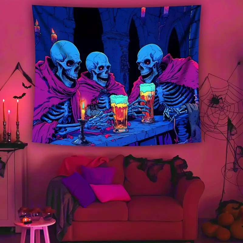 VIKAMA Gothic Halloween Skeleton Tapestry Neon Castle Skull Cheers Beer Candle Print Wall Hanging for Bar Teen Bedroom Dorm Deco
