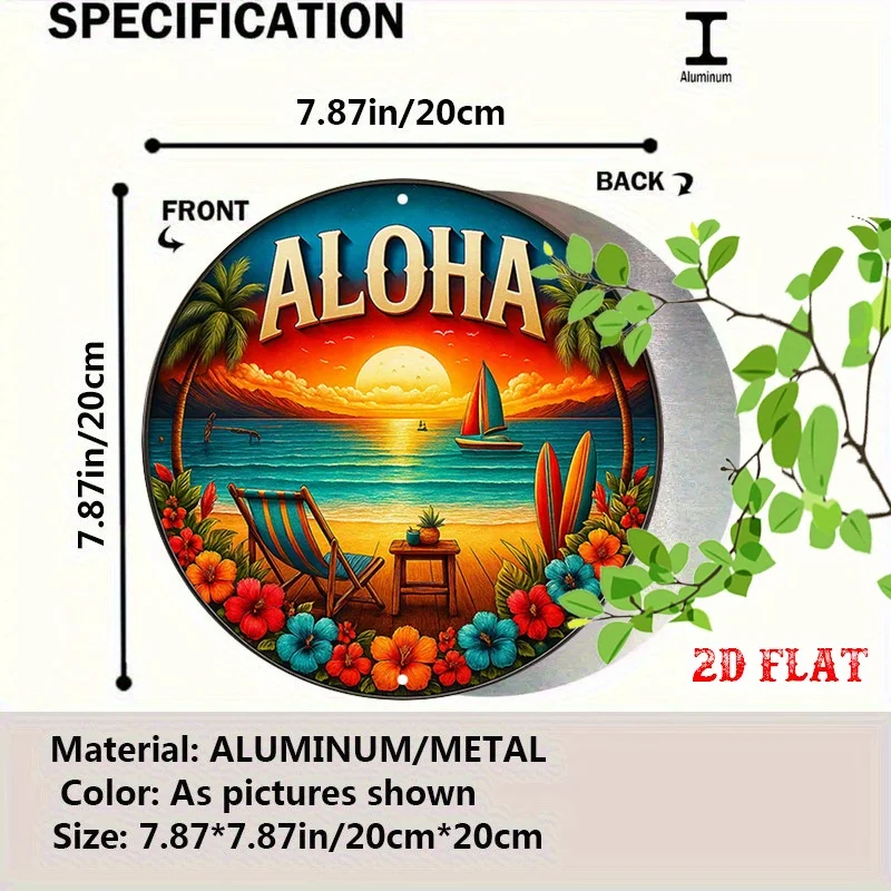 Aloha Tropical Sunset Beach Palm Surfboard Floral Round Metal Sign 8x8 Inch 2D Flat Patio Pool Tiki Bar Wall Decor Gift
