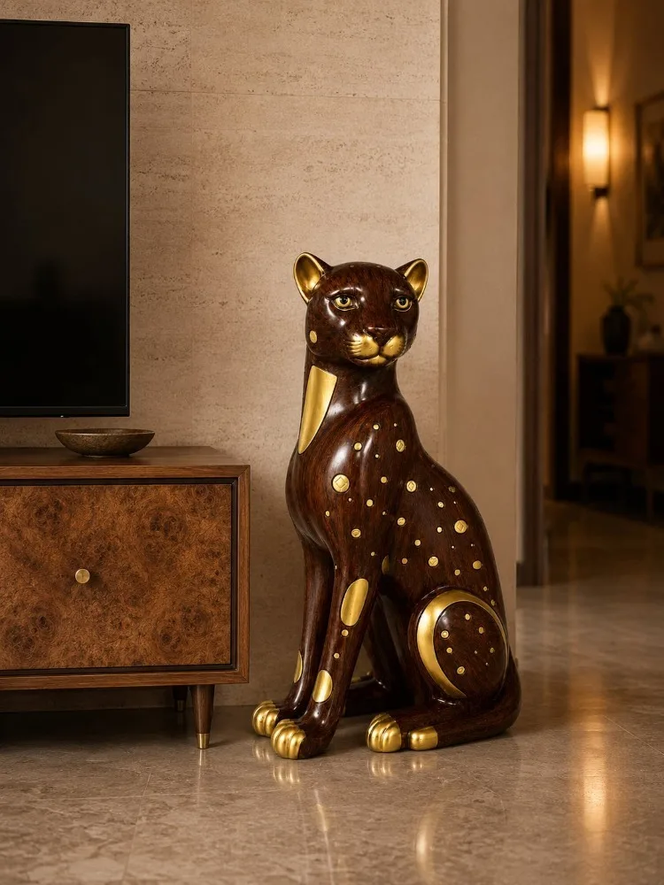 Home Decor Black Walnut Wood Color Money Leopard Sculpture Decoration Living Room TV Cabinet Art Statue Landing Decoration Gift