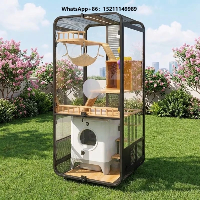 Hot Sale Luxury Solid Wood Cat Villa Multi Level Climbing Design Observation Window Indoor Large Cat House Business Pet Hotel