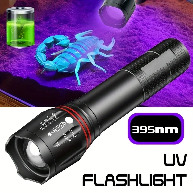 Linterna LED UV de 395nm, linterna recargable con zoom para Detector de manchas de orina de mascotas, herramientas, linterna, Detector fluorescente de dinero