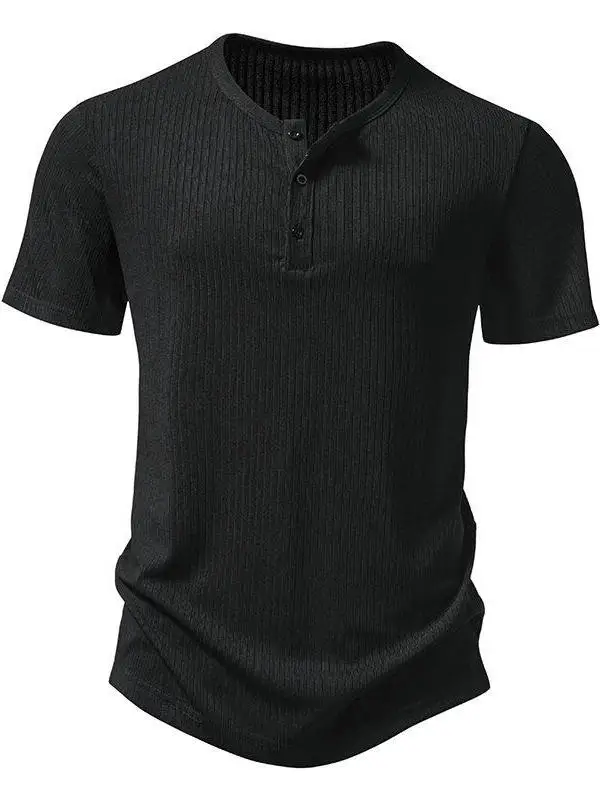 Summer Men's Loose Fit Short Sleeve T-Shirt Three Button Design  Color Base Layer Shirt Casual Fashion Urban Style
