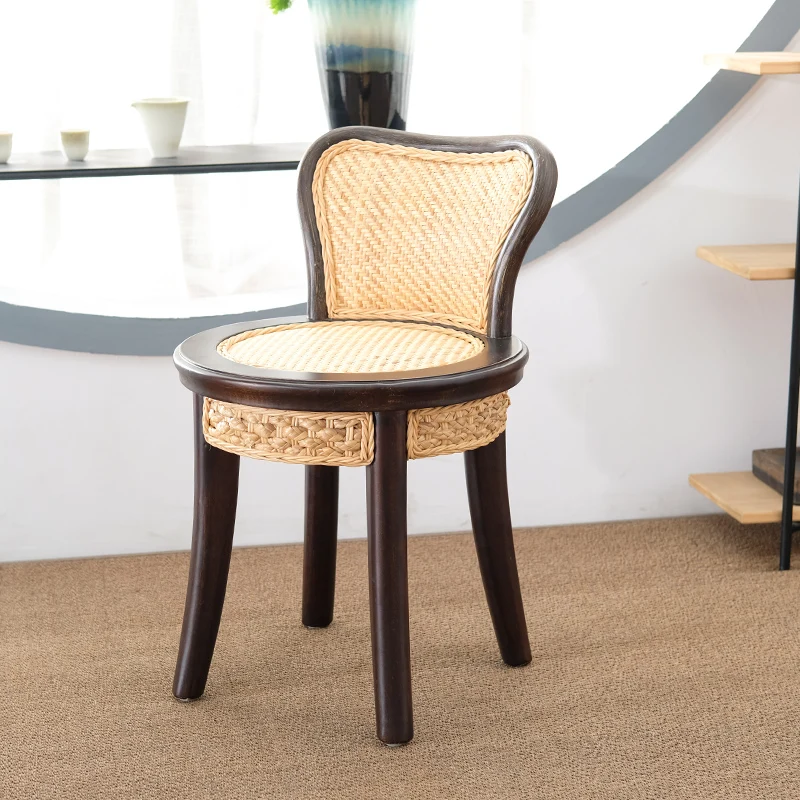 wood small chair stool with Backrest round stool woven chair for living room bedroom home furniture