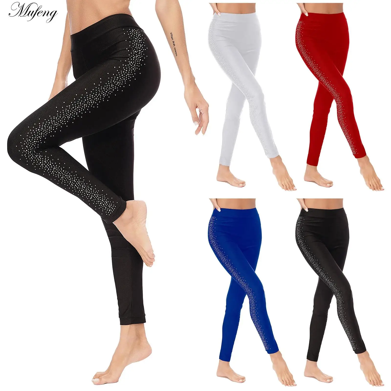 

Women Ice Skating Tights High Pant Elastic Sparkly Rhinestones Dance Gymnastics Professional Practice Dancewear Sports Leggings