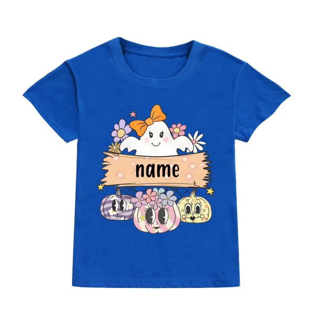 Custom Name Ghost&Pumpkin Print Kid T-shirt Casual Short Sleeve Child Tee Tops Personalized Halloween Party Childs Clothes