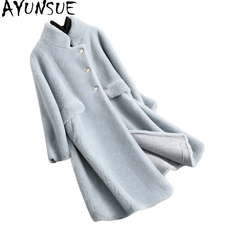 AYUNSUE Natural Wool Coats for Woman Stand Collar Mid Length Jacket Winter Lamb Fur Coat Woman Clothes 2025 New Ropa Para Mujer
