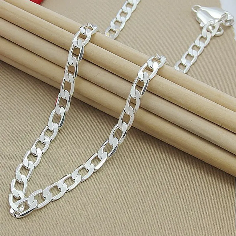 

925 Sterling Silver 16/18/20/22/24/26/28/30 Inch 8mm Flat Sideways Chain Necklace For Women Man Fashion Wedding Charm Jewelry