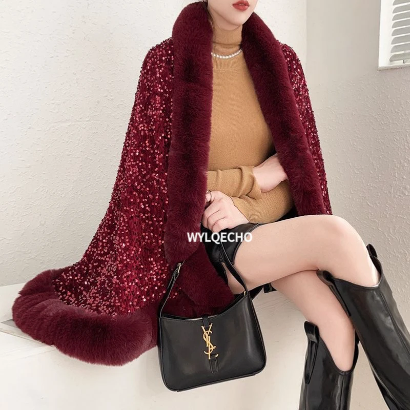 2023 Winter Thick Warm Poncho Fur Collar Cape Coat Women Vintage Leopard Sweater Cardigan Female Batwing Sleeve Shawl