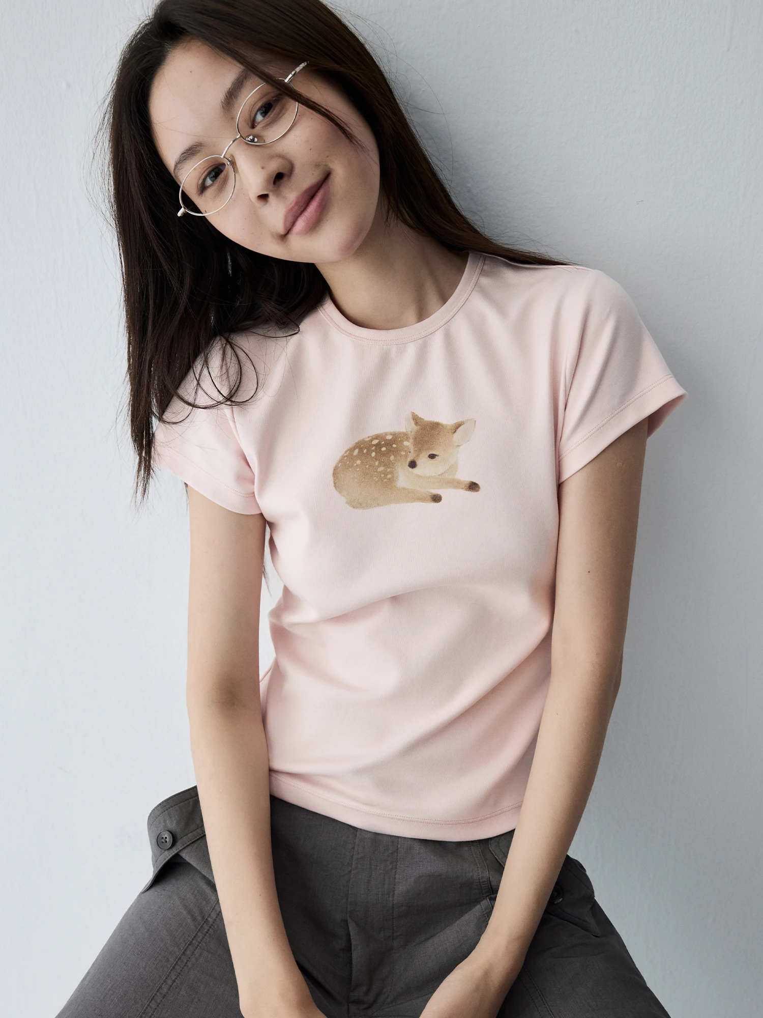 HaveRice Restaurant Sweet Dream Deer Pink Cotton Ammonia Skin-friendly Original Print Short Sleeve Women's T-shirt Casual Sty...