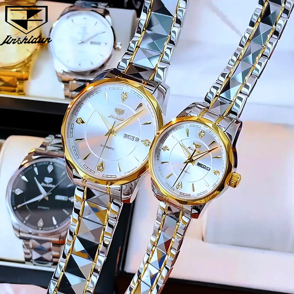 JSDUN Couple Watches Luxury Fashion Tungsten Steel Strap Sapphire Mirror Original Automatic Mechanical Wristwatch for Lover Date