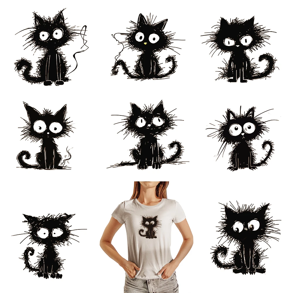 The Black Cartoon Cat Is Very Hairy Dtf Transfers Ready to Press Iron on Patches for Clothes Patch Shirts Transfer DIY Apparel