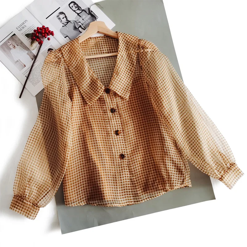 Birdtree 100%Real Silk Romantic French Shirt Deep V-Neck Organza Plaid Women's Bubble Sleeves Perspective Blouse Spring T41125QC