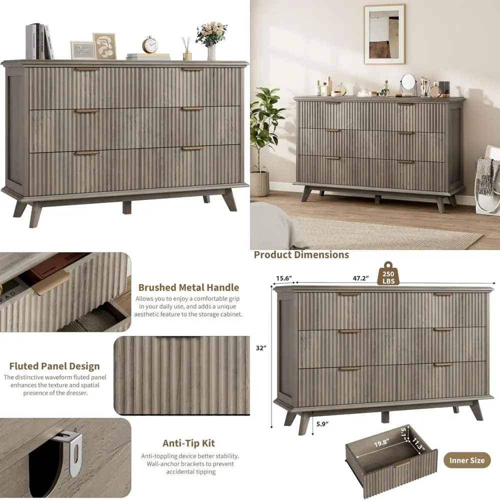 

6-Drawer Modern Fluted Bedroom Dresser with Metal Handles and Wooden TV Stand