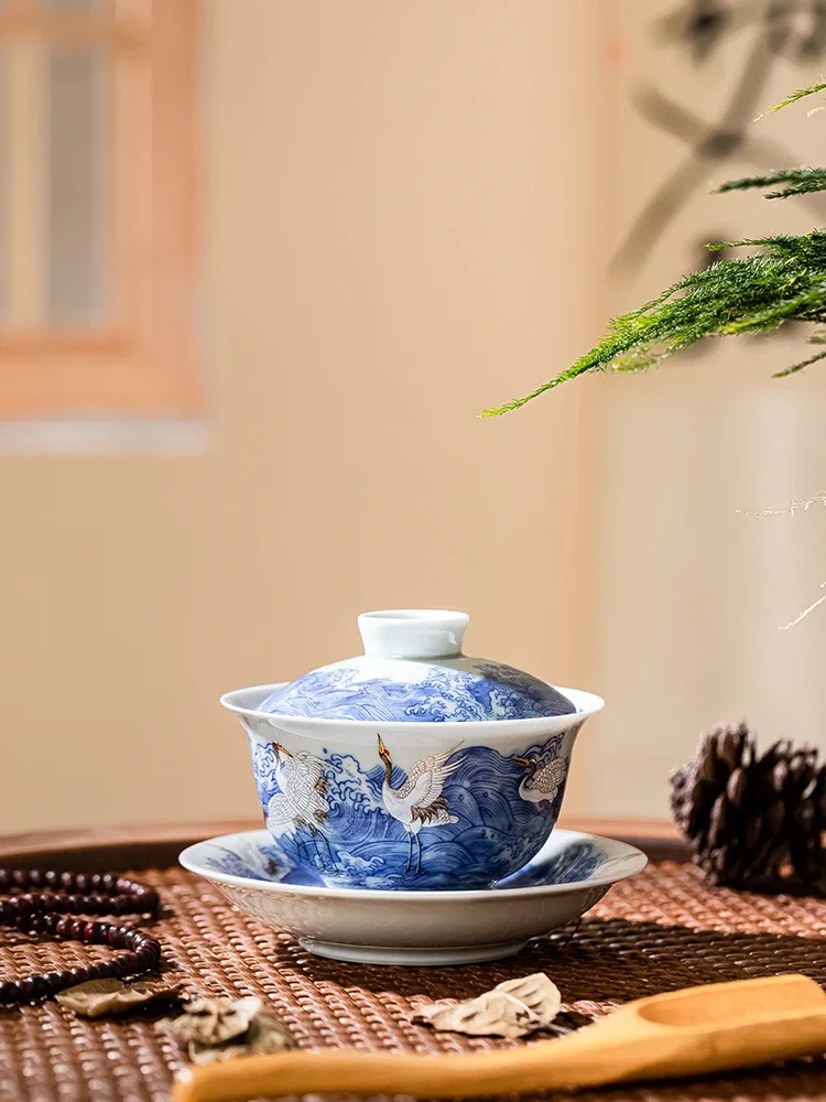 Chinese Retro Jingdezhen Gaiwan Blue and White Crane Gaiwan Household Anti-Scald Tea High-End Porcelain Kung Fu Tea Set Cup