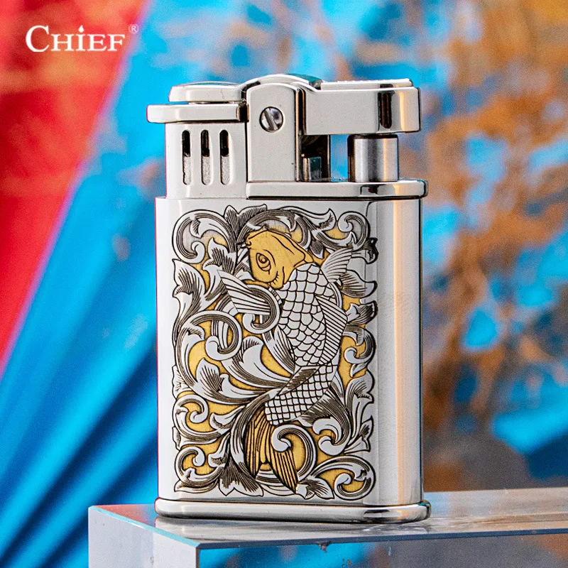 CHIEF 703B Double-sided Engraved Exquisite Pattern Kerosene Lighter, Press-type Windscreen Personalized Gift Gadget for Men