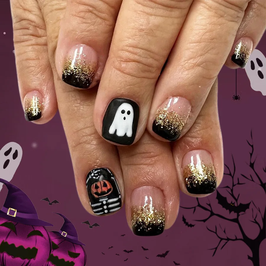 24pcs Phantom Design Druk op nagels Gradiënt Zwart Kort Vierkant Valse nagel Glanzend poeder Halloween Nepnagels Herbruikbare manicure