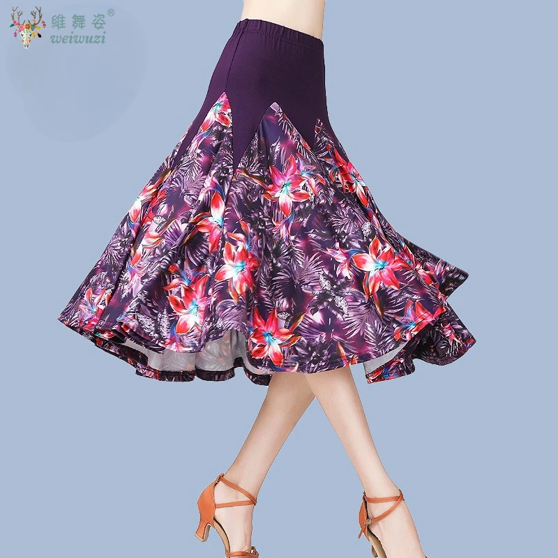 National Standard Walzer Flamenco Kostüme Frau Latin Dance Print Rock elastische Taille floral mittellanger Ballsaal Faltenrock