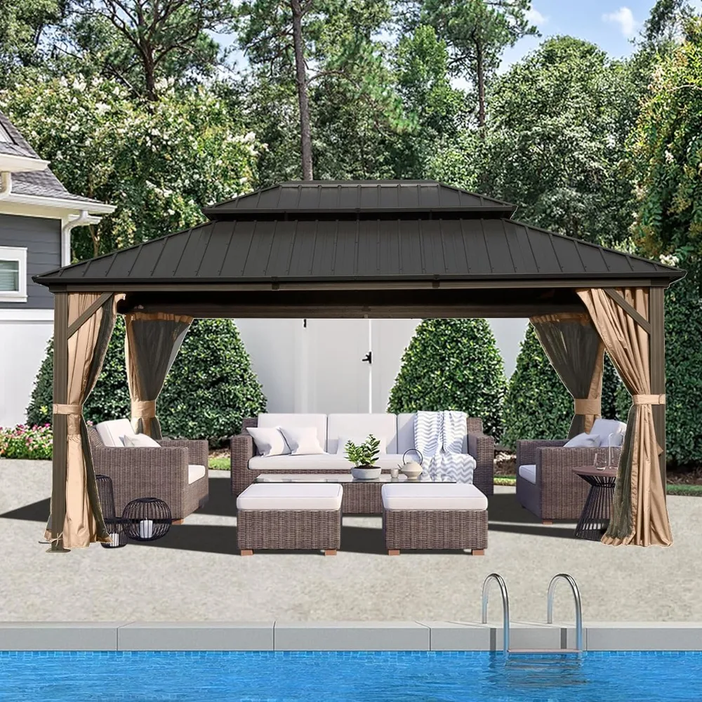 10'x14' Hardtop Gazebo Canopy Metal, with Galvanized Steel Double Roof,Permanent Gazebo Pavilion for Patio Deck,Backyard