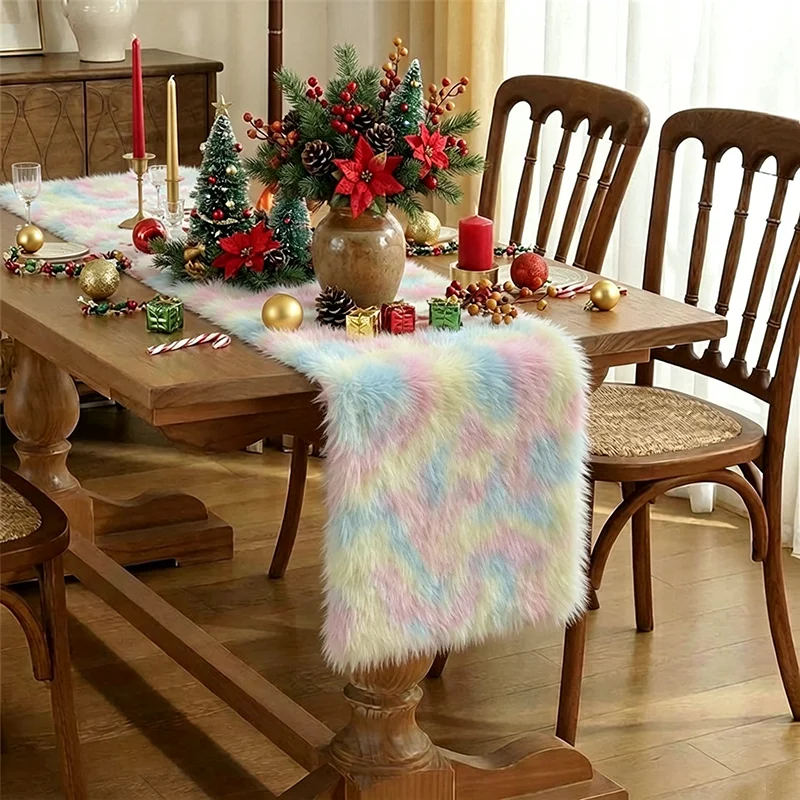 Plush Table Runner Pink Blue White Faux Fur Fleece for Dining Table Christmas Non Slip Backing Machine Washable Gift