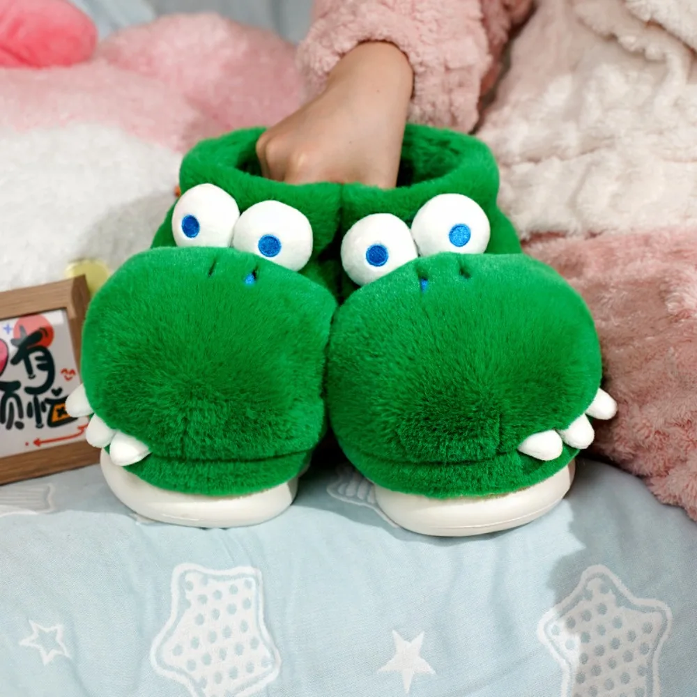 Fashion Crocodile Dinosaur Plush Slippers Cartoon Green Platform Flat Slippers Winter Anti Slip Thicken Warm Slippers Couple