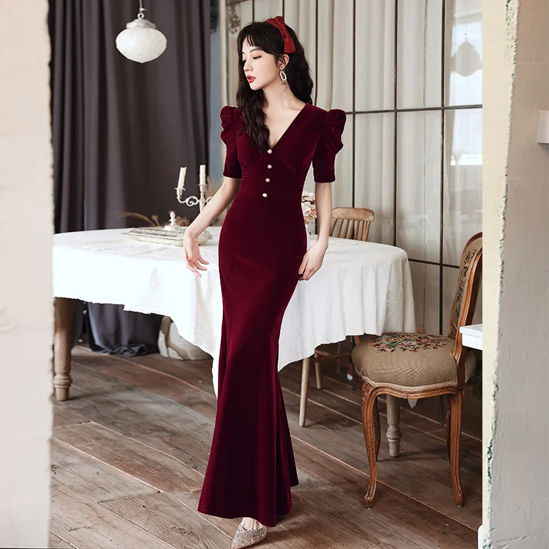 Burgundy Velour Host Mermaid Evening Dressing Gown Women Tube Top Temperament Cheongsam Vestidso 2022 Summer New Long Qipao