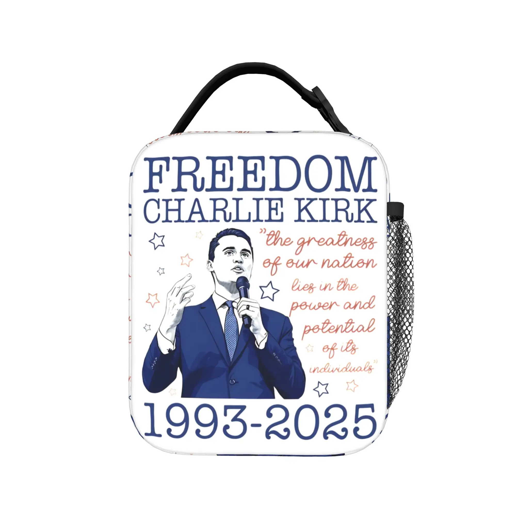 Charlie Kirk Freedom  Insulated Lunch Bag Portable  Reusable Thermal Bag Tote Lunch Box Work  Picnic Food Handbags