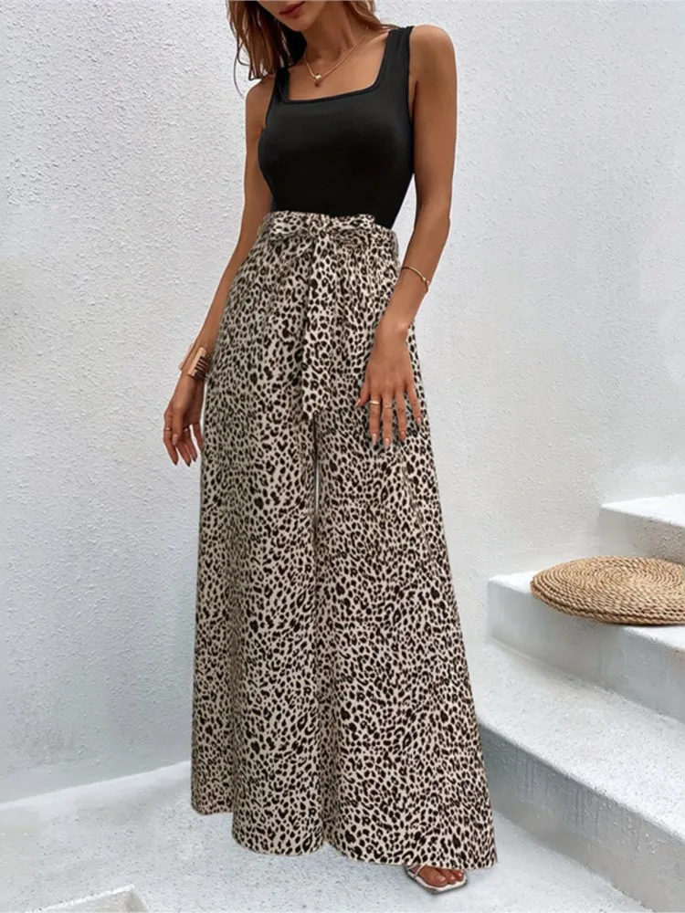 Vrouwen nieuwe luipaardprint wijde pijpen broek hoog getailleerde elastische flowy palazzo broek zomer boho vakantie casual bodems broek