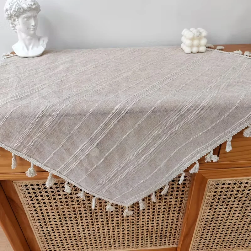 1pc Minimalist Beige Tablecloth With Beige Floral Lace Trim Suitable For Dining Table Dresser Home Decor Party Holidays Hotels
