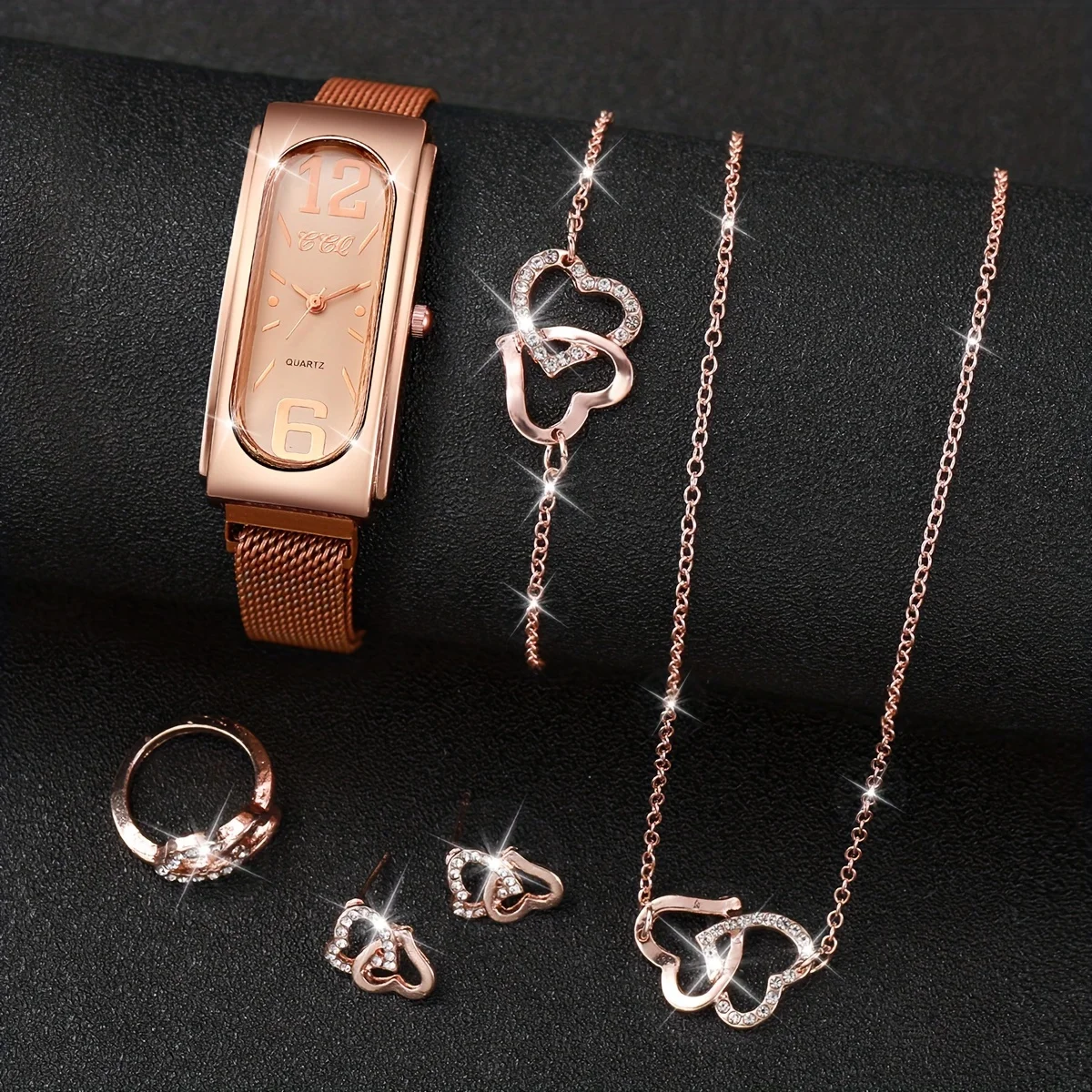 6pcs/set Women Rectangle Quartz Watch With Heart-shaped Jewelry Set (Box Not Include )