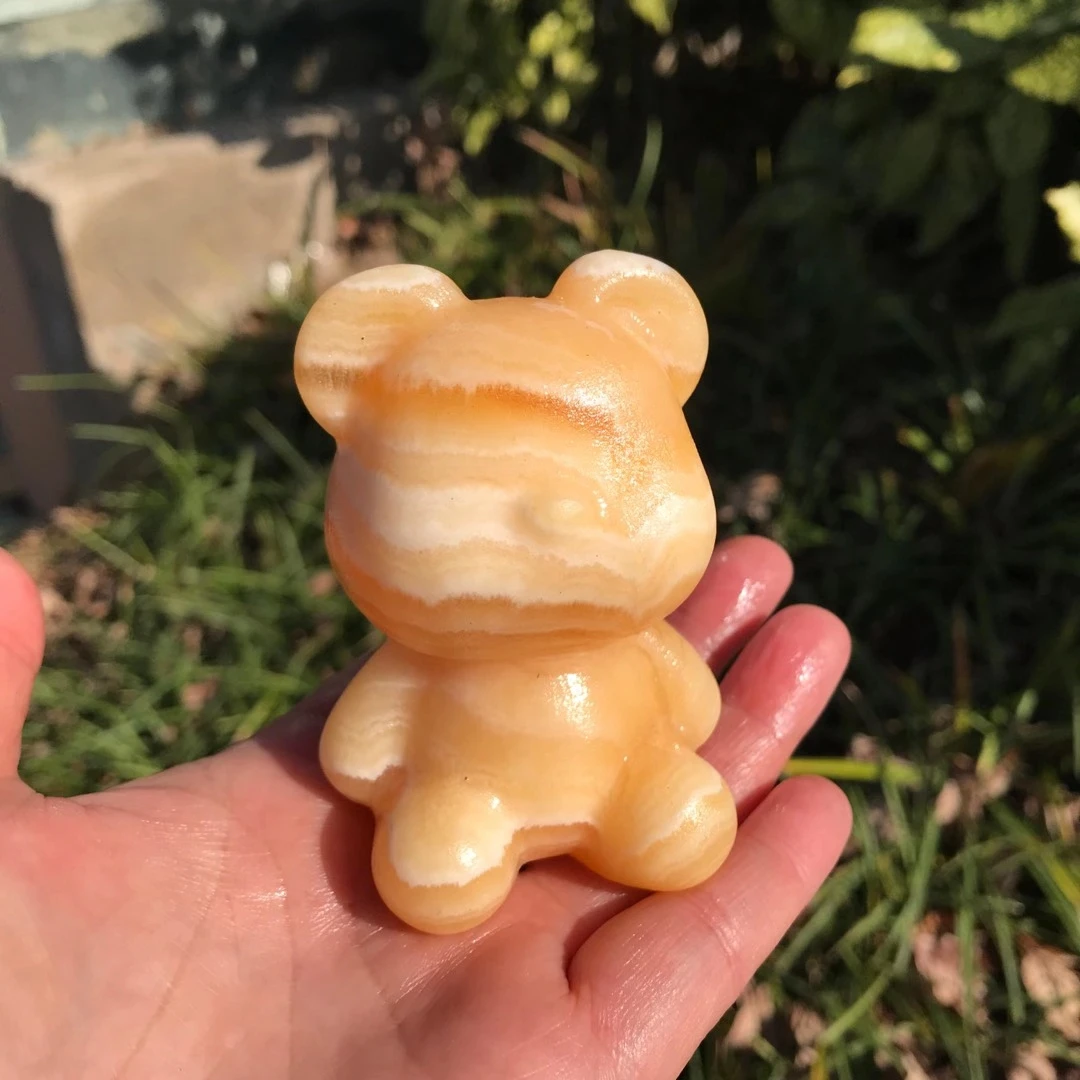 2pcs 8cm Natural Yellow Calcite Crystal Cartoon Violent Bear Carving piece Healing Stone Tabletop ornament Home Decor Children's