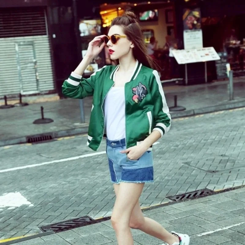 Female Baseball Aviator Coats Green Fashion Short Women's Bomber Jackets Offer Modern Great Korean Reviews Clothes Youthful Chic