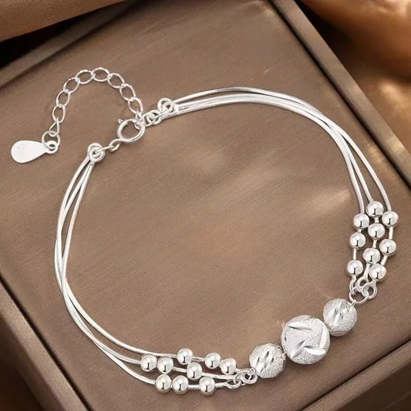 

925 Sterling Silver Lucky Beads Bracelet for Women - Multilayer Adjustable Luxury Designer Beaded Jewelry, Party Wedding Gift