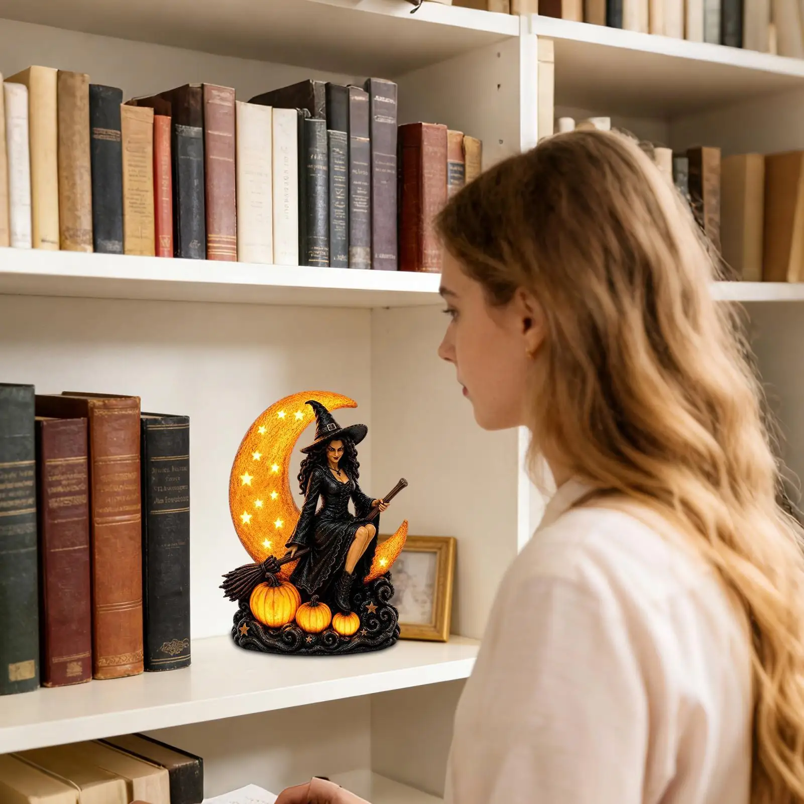 Halloween Witch Light LED Light Up Spooky Plug-In Centerpiece Witch Figurine Tabletop Decor For Bookshelf Cabinet Entryway Porch